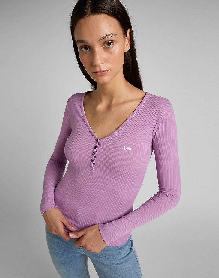 Ribbed Long Sleeve Henley in Pansy alternative view 4