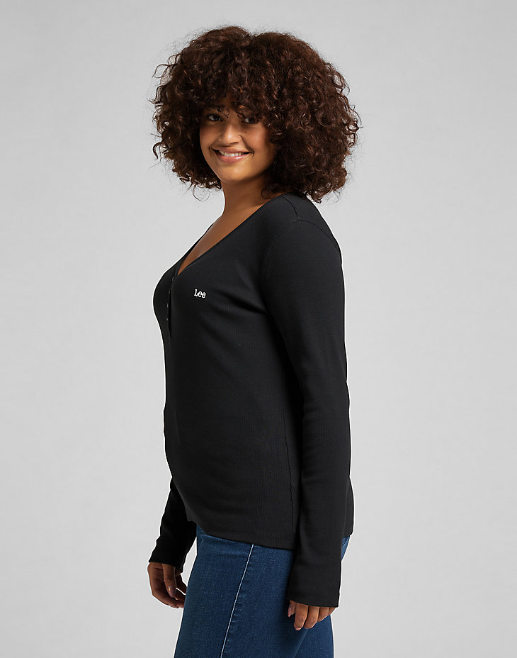 Ribbed Long Sleeve Henley in Black alternative view 3