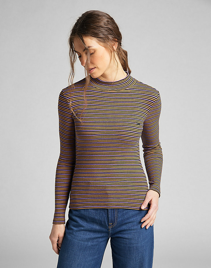 Ribbed Long Sleeve Striped Tee in Black alternative view 3