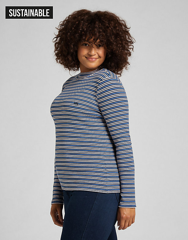 Ribbed Long Sleeve Striped Tee in Blue Yonder