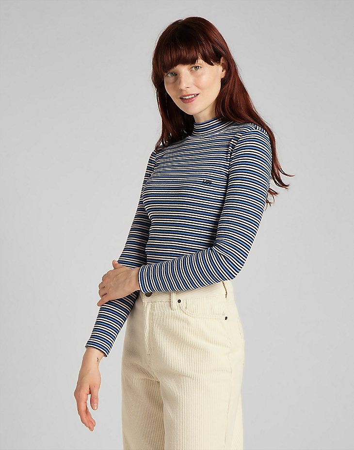 Ribbed Long Sleeve Striped Tee in Blue Yonder alternative view 4
