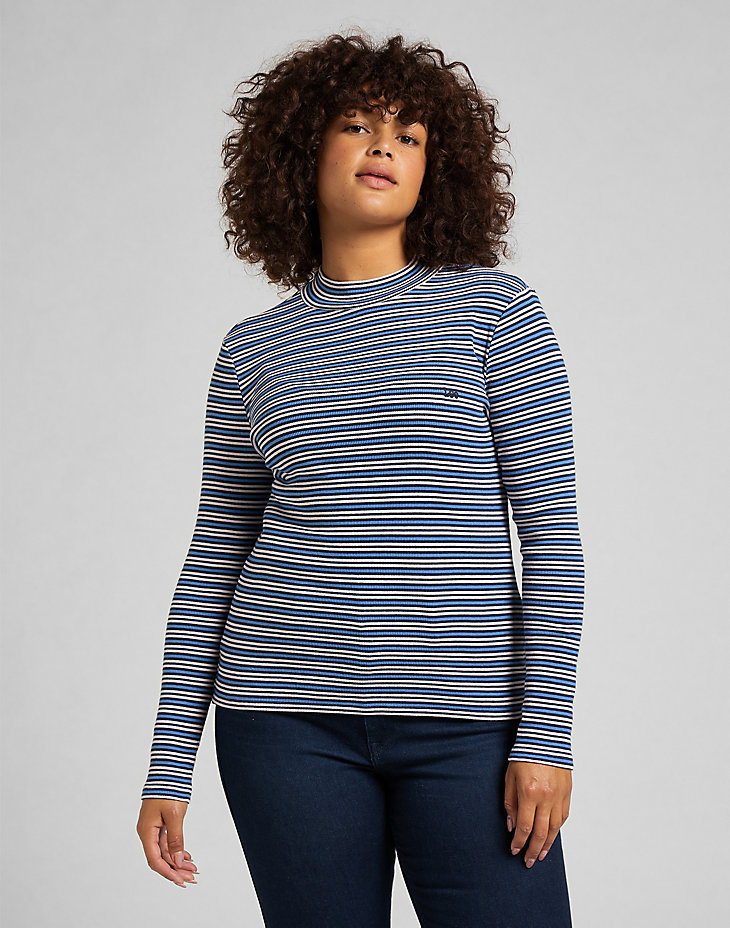 Ribbed Long Sleeve Striped Tee in Blue Yonder alternative view 6