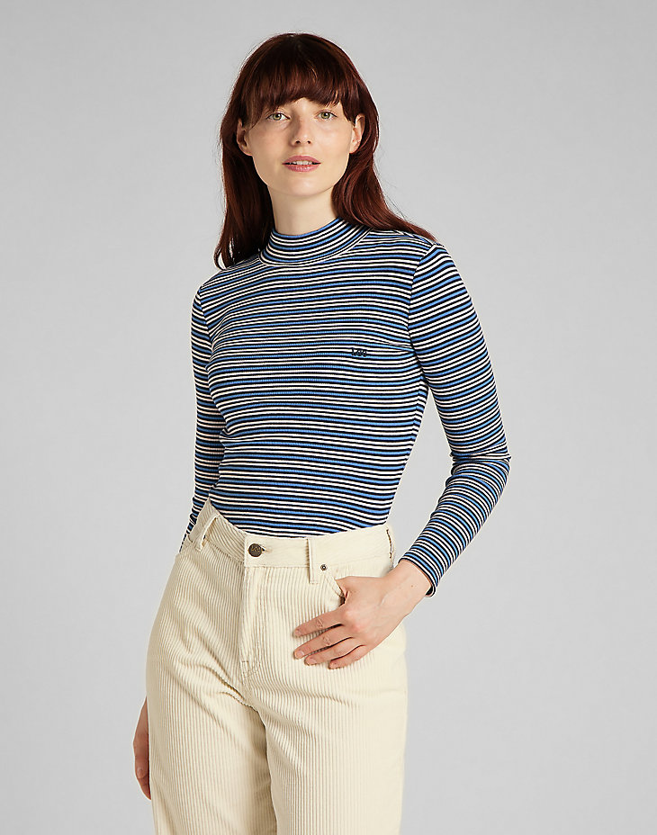 Ribbed Long Sleeve Striped Tee in Blue Yonder alternative view 7