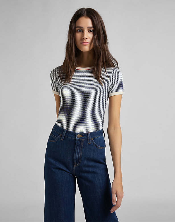 Striped Ribbed Tee in Washed Blue