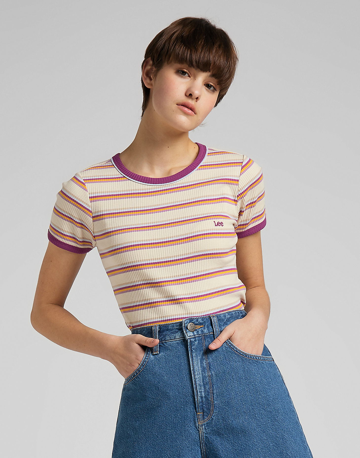 Striped Ribbed Tee in Golden Beam alternative view 1