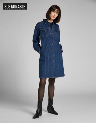 Denim-Trimmed Volume Sleeve Dress - ロングワンピース