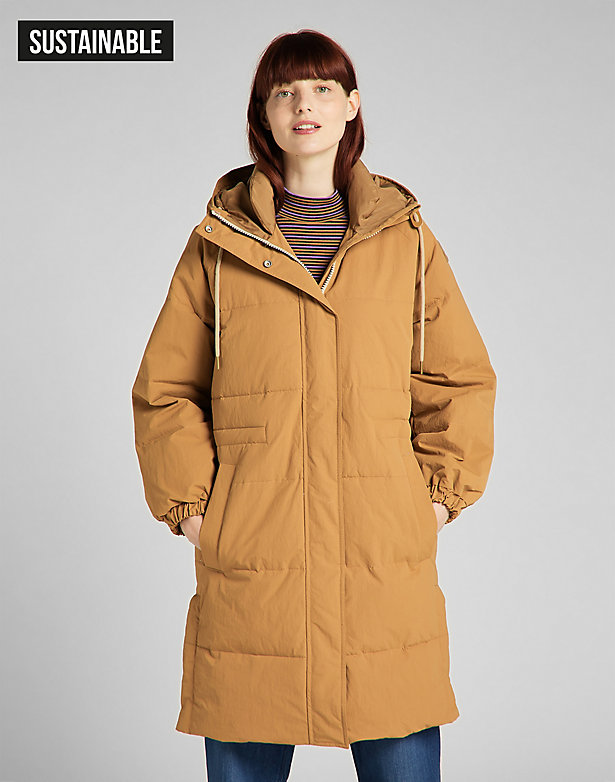 Long Puffer Jacket in Tobacco Brown