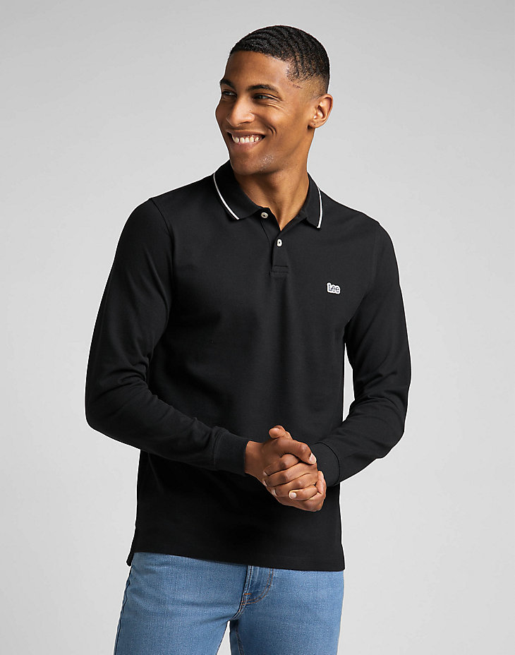 Long Sleeve Pique Polo in Black Black main view